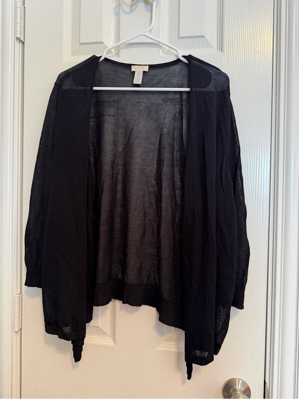 Chico’s Size 3 Black Sheer Open Front Cardigan Lightweight Draped Sweater